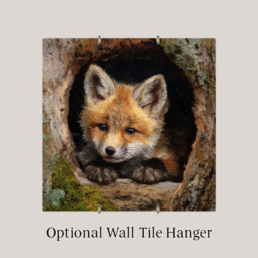 Baby Fox Stained Glass Style Ceramic Art Tile – Woodland Nursery Wall Decor, Rustic Forest Nature Gift