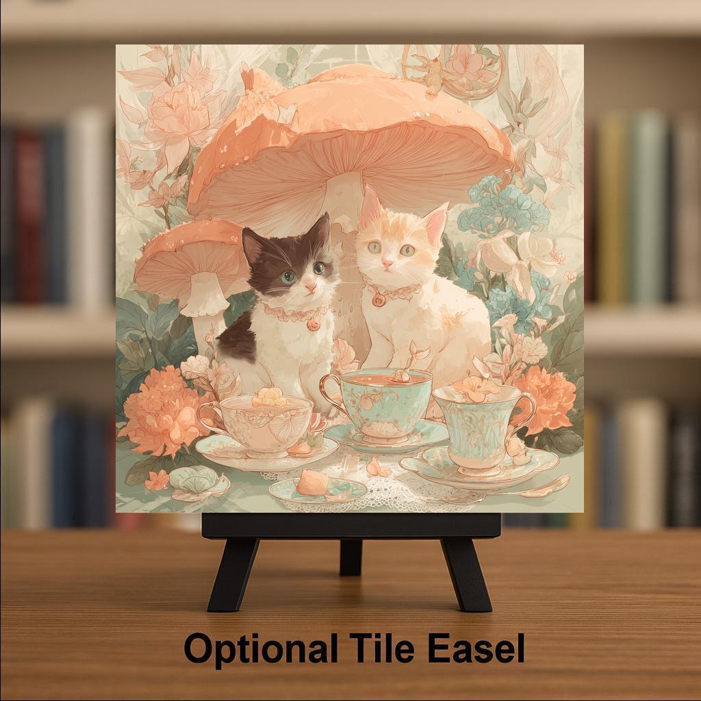 Kittens Tea Party Wall Art Ceramic Tile Whimsical Cat Gift Fantasy Cat Decor Fairytale Tile