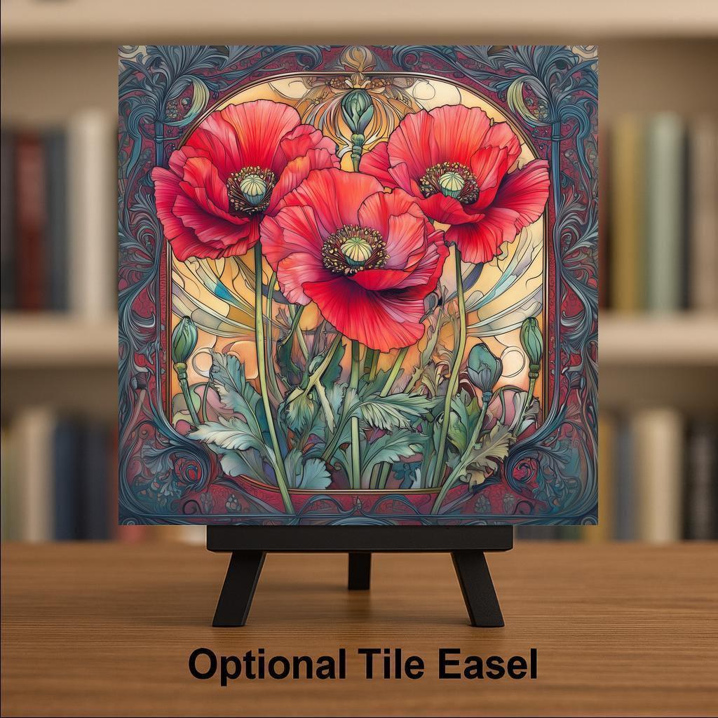 Red Poppy William Morris Style Ceramic Art Tile – August Birth Flower Wall Decor, Art Nouveau Vintage Floral Accent
