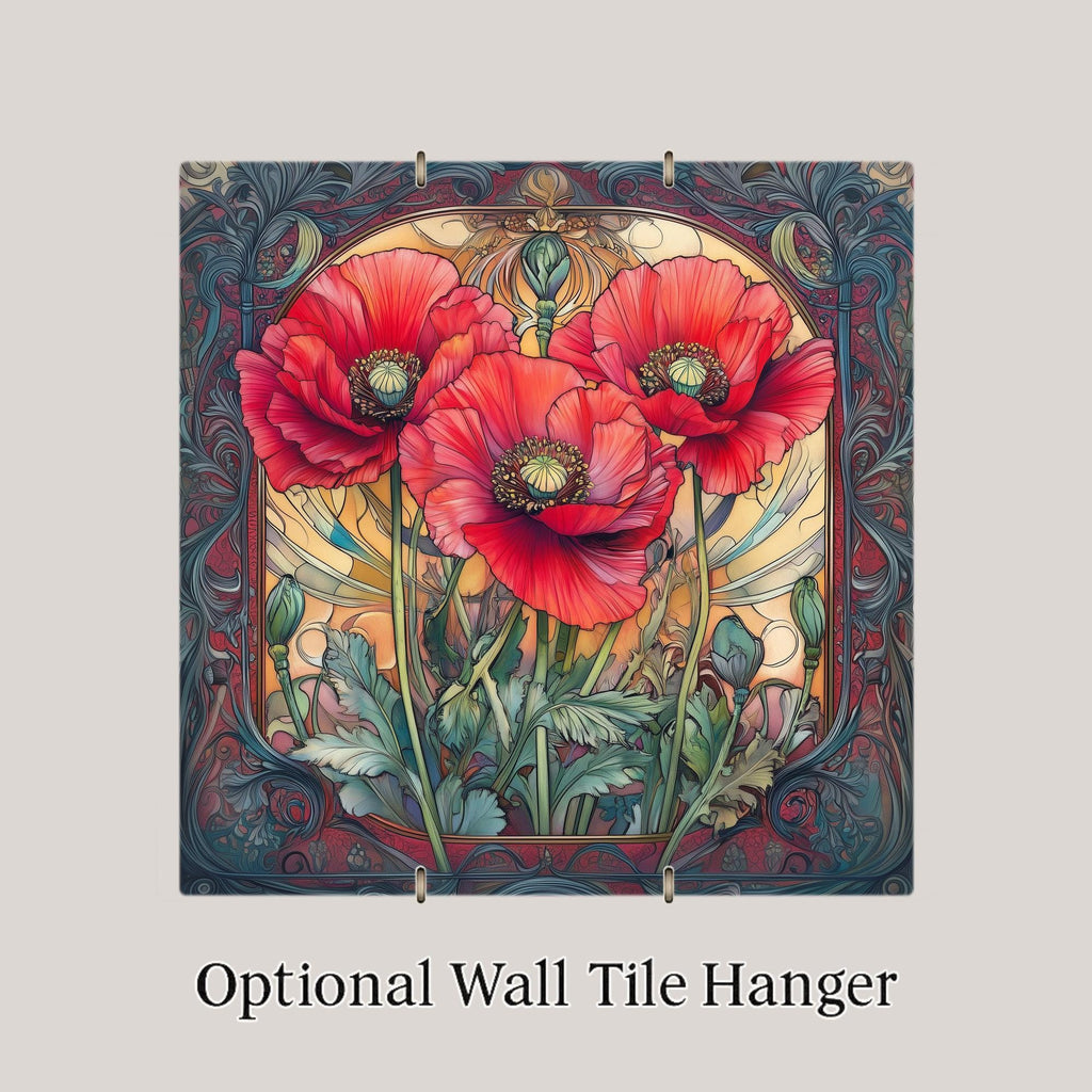 Red Poppy William Morris Style Ceramic Art Tile – August Birth Flower Wall Decor, Art Nouveau Vintage Floral Accent