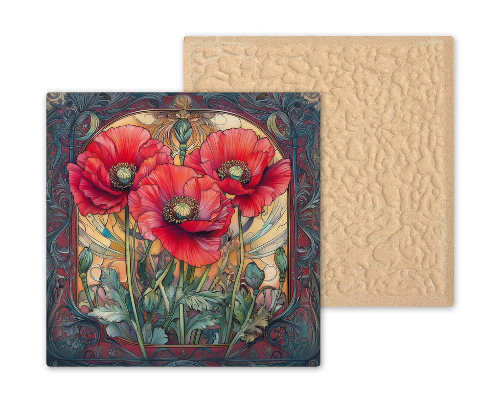 Red Poppy William Morris Style Ceramic Art Tile – August Birth Flower Wall Decor, Art Nouveau Vintage Floral Accent