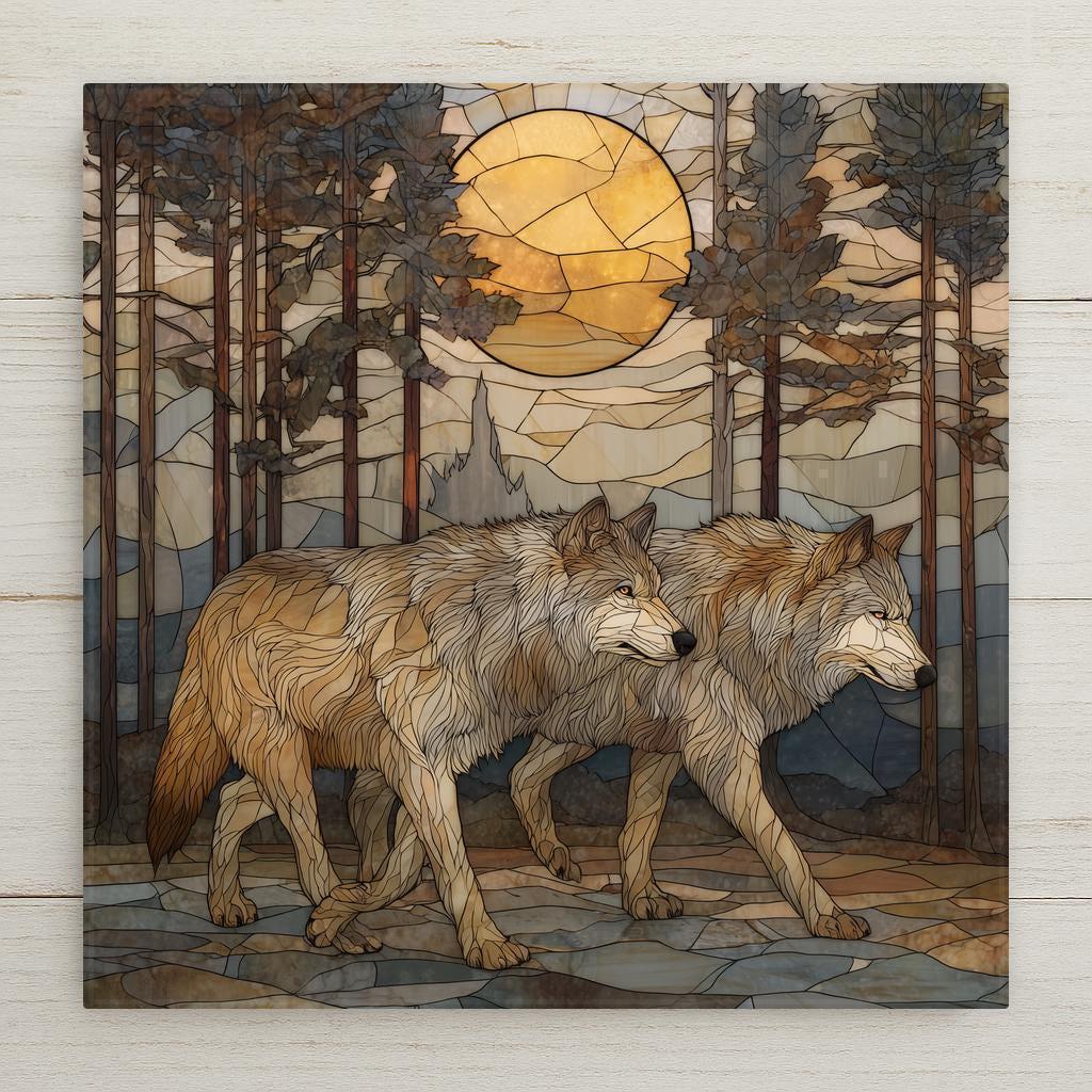 Stained glass-style wolf pair ceramic tile wall art showing two wolves walking together through a forest beneath a warm golden moon. A permanent high-resolution ceramic print designed to resemble stained glass, not made of glass or mosaic. Ideal as an anniversary gift, wedding gift, or couple home decor symbolizing partnership and loyalty. Optional wall hanger, easel stand, cork backing, and premium frame available.
