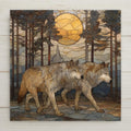 Stained glass-style wolf pair ceramic tile wall art showing two wolves walking together through a forest beneath a warm golden moon. A permanent high-resolution ceramic print designed to resemble stained glass, not made of glass or mosaic. Ideal as an anniversary gift, wedding gift, or couple home decor symbolizing partnership and loyalty. Optional wall hanger, easel stand, cork backing, and premium frame available.