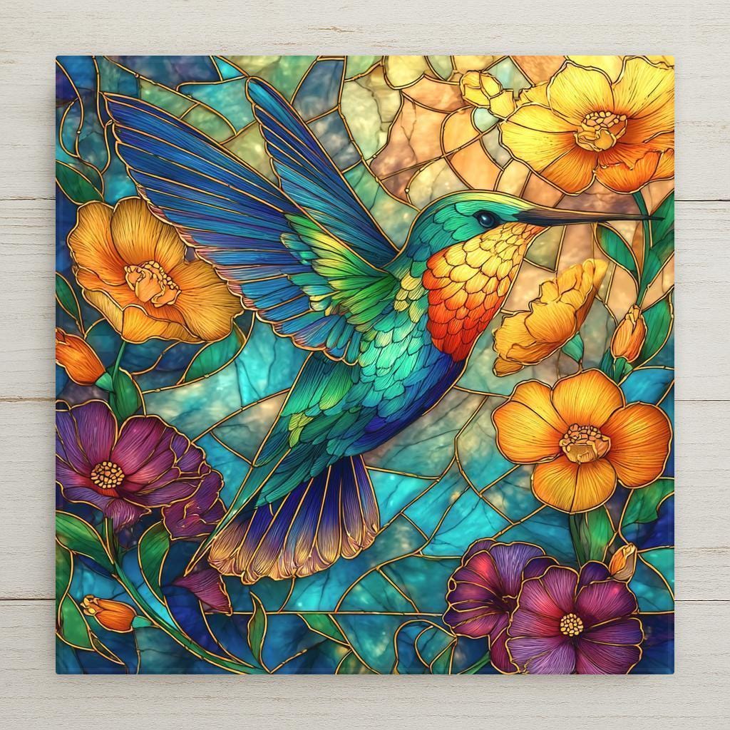 A luminous stained glass-style hummingbird surrounded by vivid garden flowers. This ceramic tile is a permanent print—perfect for display or use. Optional tile wall hanger, easel tile stand, or cork backing available.
