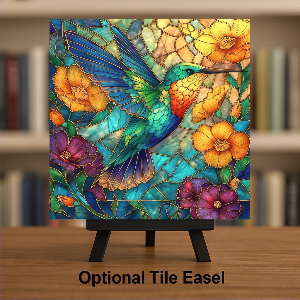 Hummingbird Ceramic Tile Art: Stained Glass Style Nature Decor
