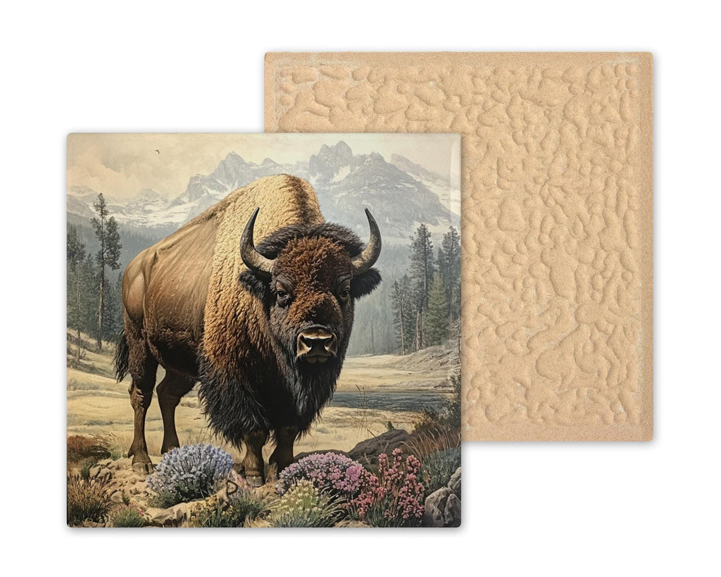 American Buffalo Wall Art Ceramic Tile Western Gift Vintage Wildlife Decor Bison Art Nature Lover Cabin Gift Tile