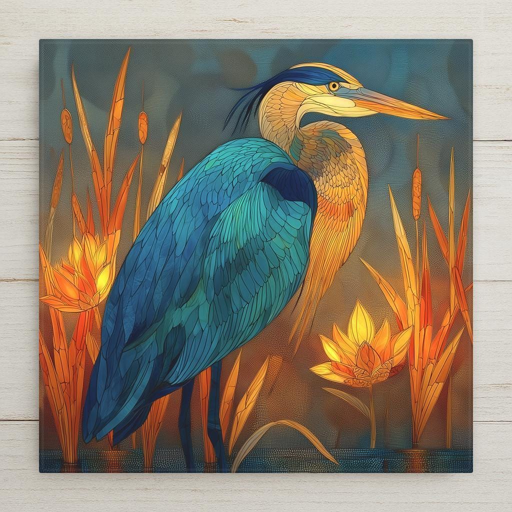 Teal and amber heron stained glass-style ceramic tile with warm golden light and turquoise accents. Perfect wall art for home decor. Optional tile wall hanger, tile stand, cork backing, and premium frame available. Permanent print on tile, not real stained glass or mosaic.