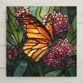 Monarch butterfly with glowing orange wings resting on pink flowers in stained glass style, ceramic tile wall art.