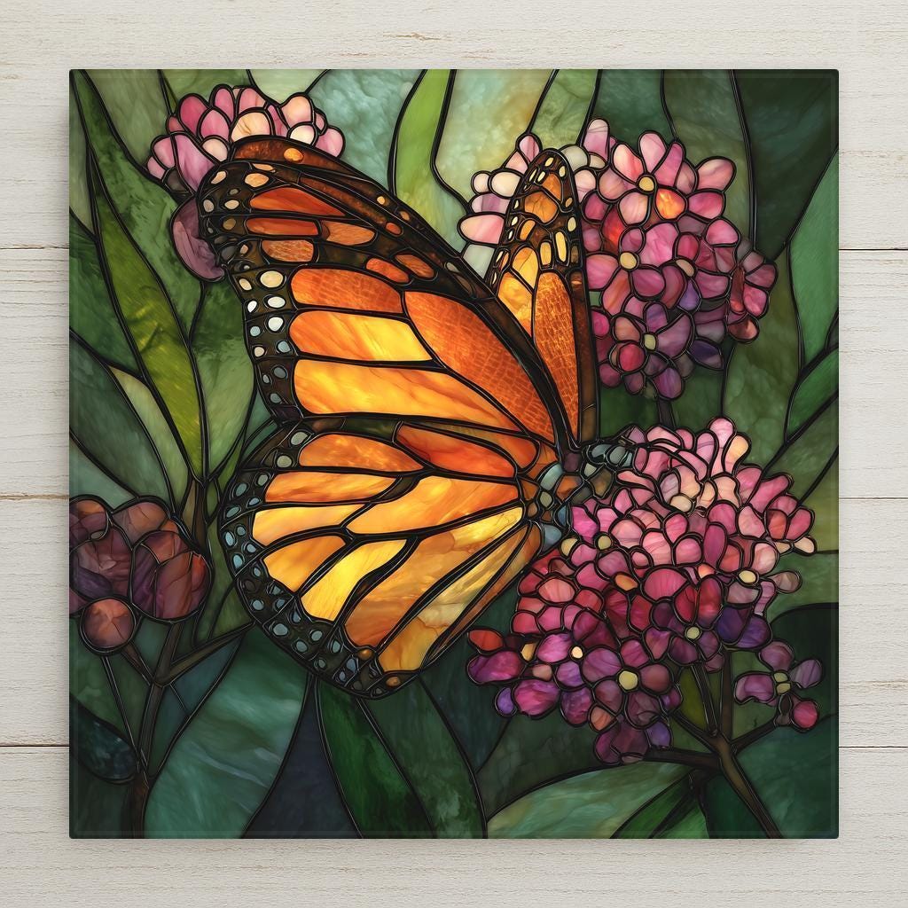 Monarch butterfly with glowing orange wings resting on pink flowers in stained glass style, ceramic tile wall art.