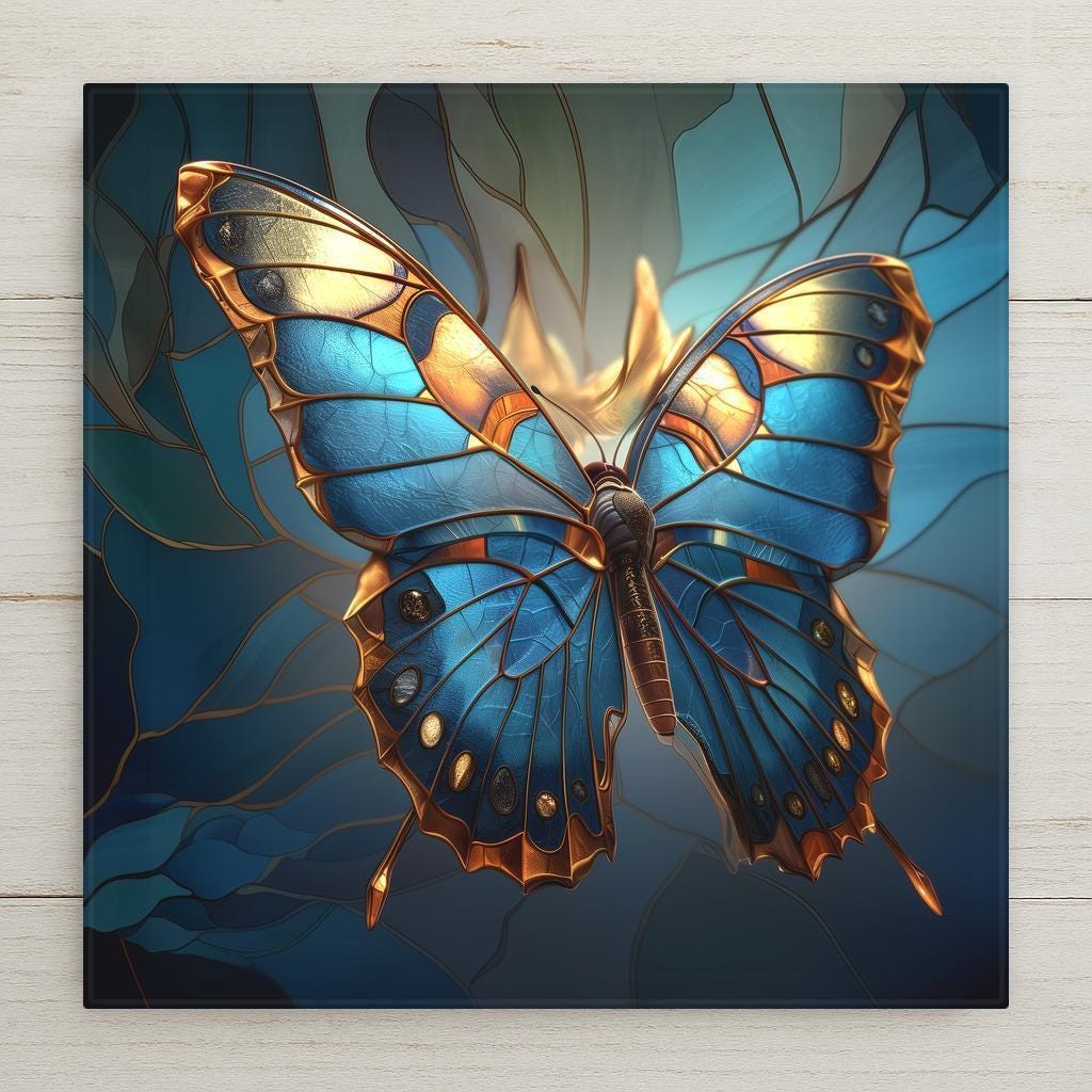 Stained glass style blue butterfly ceramic tile featuring vibrant sapphire wings with gold accents against a teal botanical background. Nature-inspired wall art for elegant home decor.