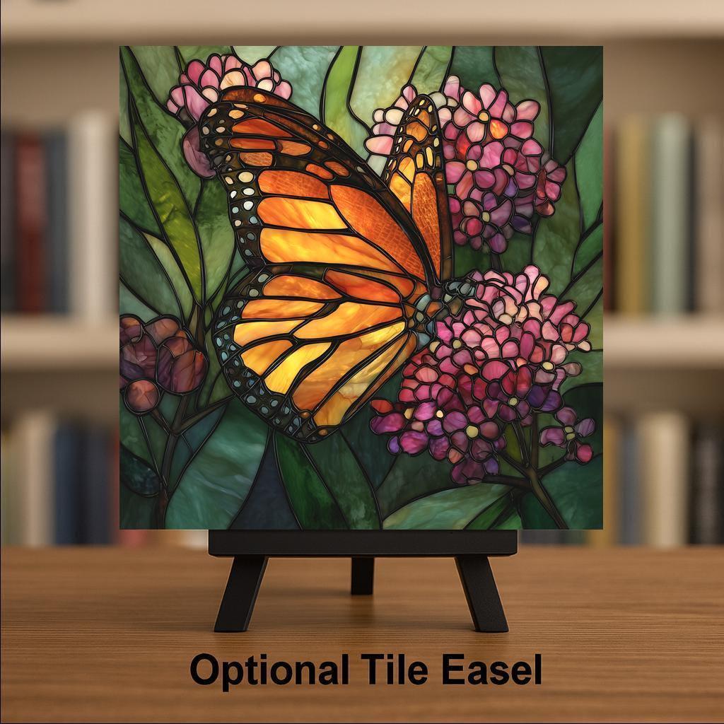 Monarch Butterfly Wall Art Ceramic Tile Stained Glass Style Floral Garden Decor Orange Butterfly Botanical Gift Tile