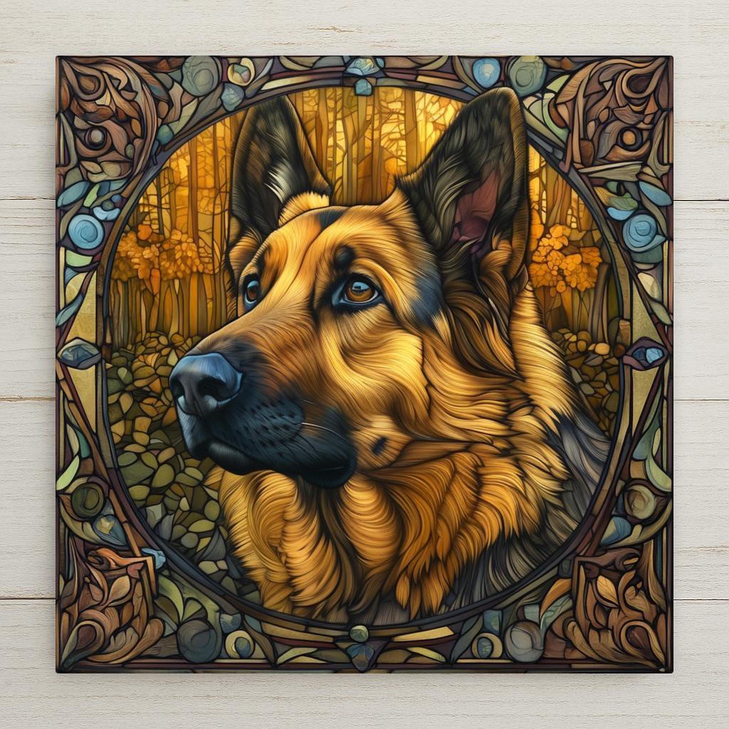 Stained glass style German shepherd ceramic tile portrait with warm amber and gold light on the dog's alert intelligent face against a cobalt and teal background, a vivid and loyal GSD memorial and dog lover gift.