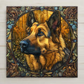 Stained glass style German shepherd ceramic tile portrait with warm amber and gold light on the dog's alert intelligent face against a cobalt and teal background, a vivid and loyal GSD memorial and dog lover gift.