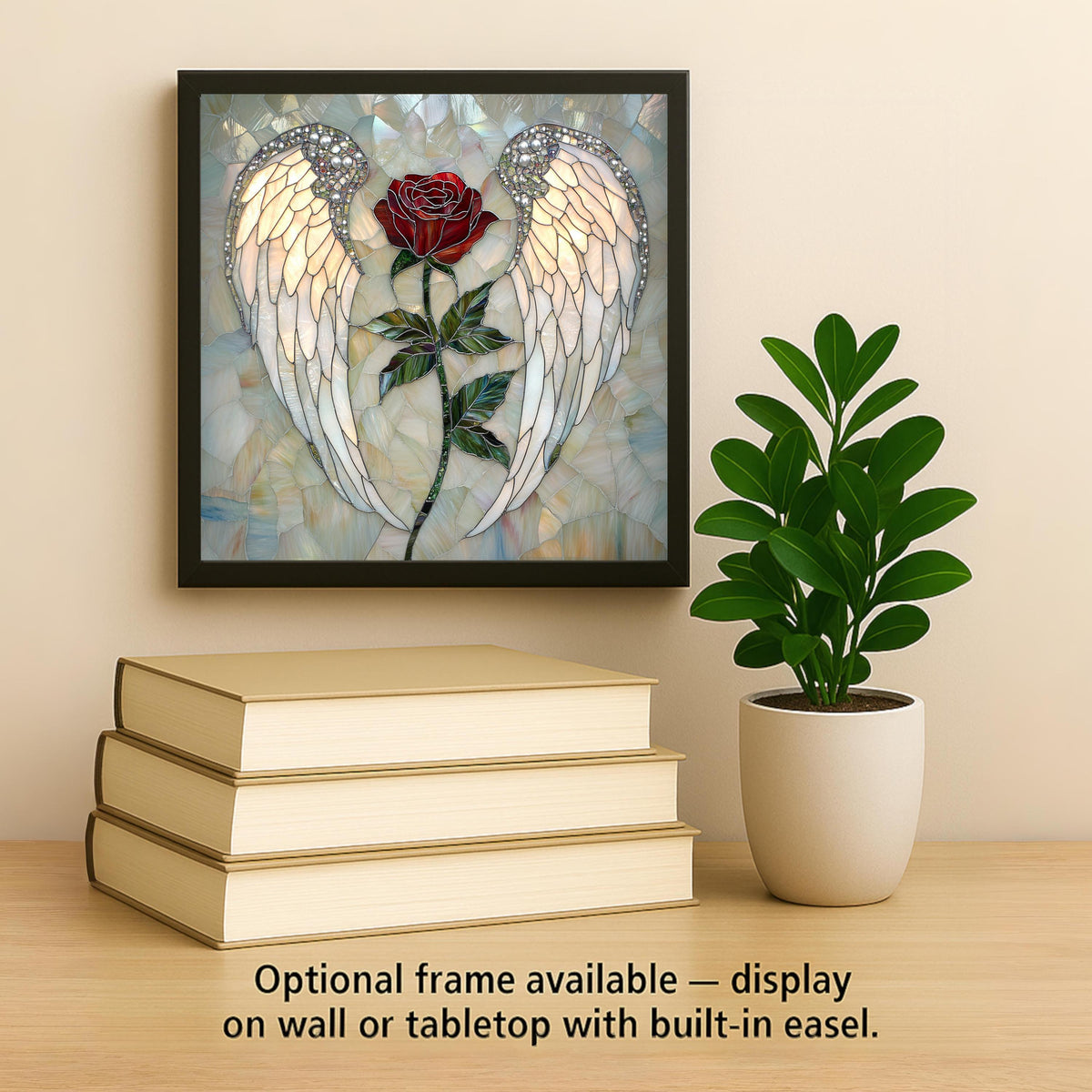 Angel Wings & Rose Tile Art: Stained Glass Style Memorial, Sympathy, Christian Decor, Remembrance Gift