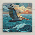 Pelican Over Waves ceramic tile wall art in ocean blue and coral tones. Perfect for coastal wall decor, nautical themes, or beach home decor. Optional frame, wall hanger, easel, or cork backing available.