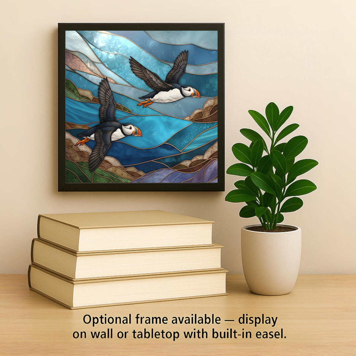 Puffin Pair Wall Art Ceramic Tile Coastal Gift Stained Glass Style Ocean Bird Decor Seaside Wildlife Nature Gift Tile