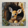 Adorable fawn ceramic tile featuring warm woodland colors and rustic forest charm. Perfect for wall art, home decor, cabin decor, or nursery rooms. Optional tile wall hanger, easel stand, cork backing, and premium dual-use frame available.
