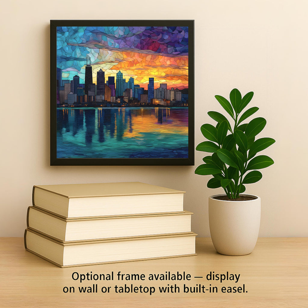 Chicago Skyline Wall Art Ceramic Tile Stained Glass Style Sunset Cityscape Decor Colorful Urban Lakefront Gift Tile