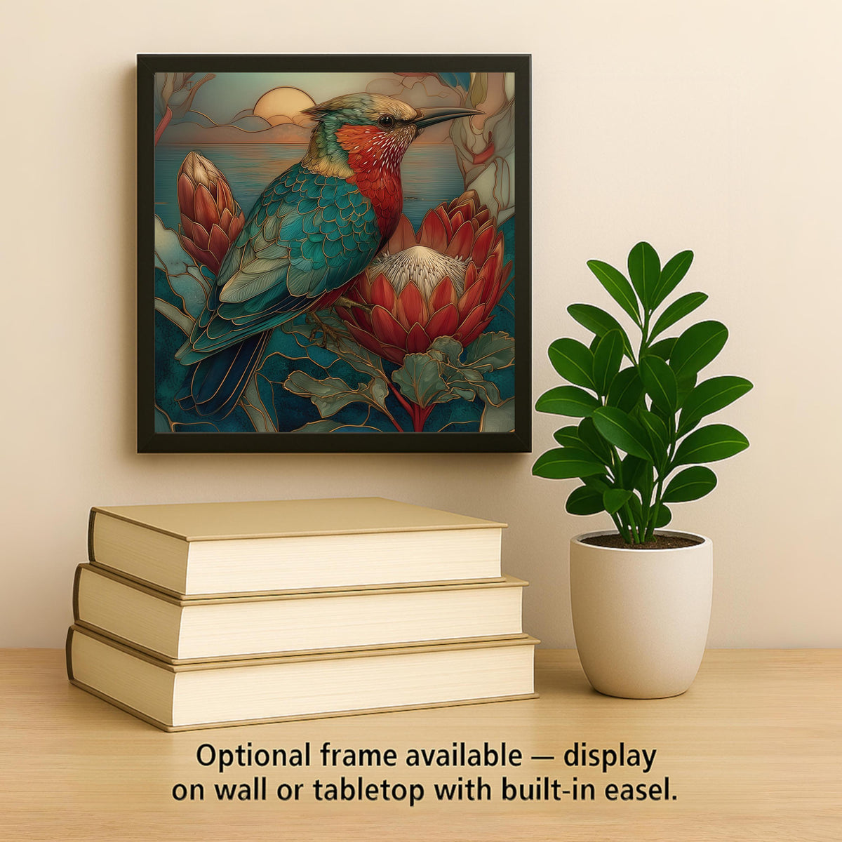 Protea Flower Hummingbird Wall Art Ceramic Tile – Botanical Wall Decor Home Decor – Stained Glass Style Floral