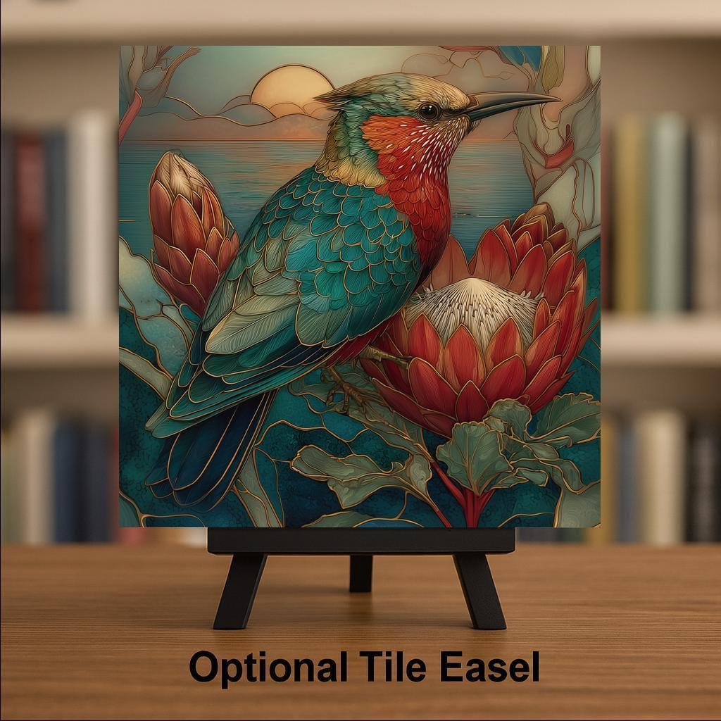 Protea Flower Hummingbird Wall Art Ceramic Tile – Botanical Wall Decor Home Decor – Stained Glass Style Floral