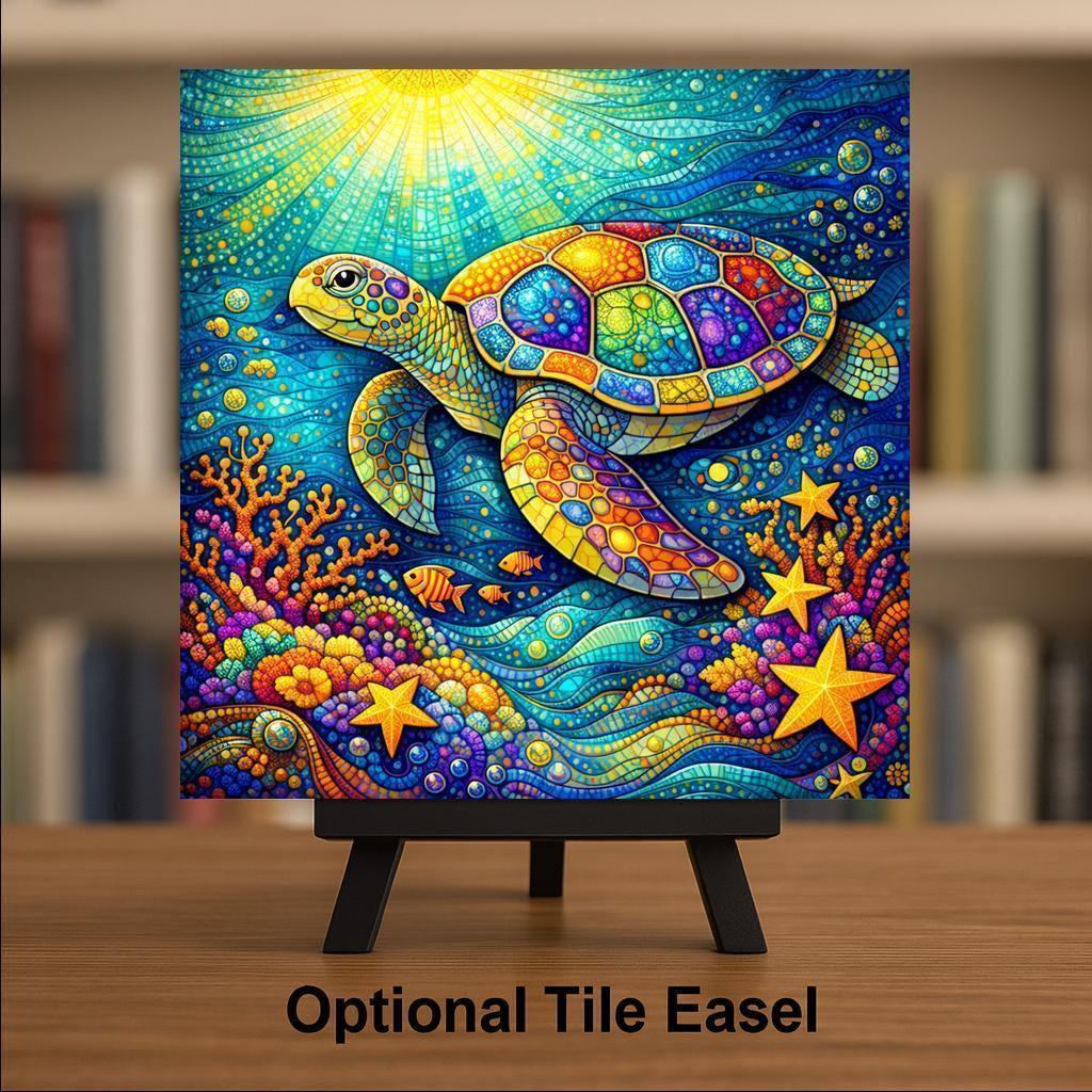 Sea Turtle Stained Glass Style Ceramic Art Tile – Coastal Ocean Wall Decor, Nautical Beach House Gift