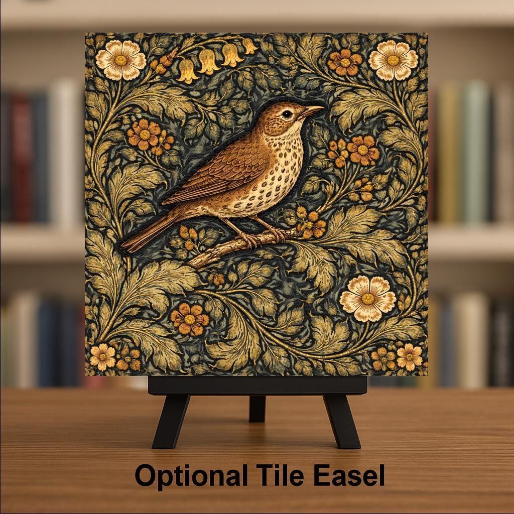Bird Wall Art Ceramic Tile – William Morris Style Botanical Decor – Cottagecore Wall Decor – Vintage Floral Home Decor Gift