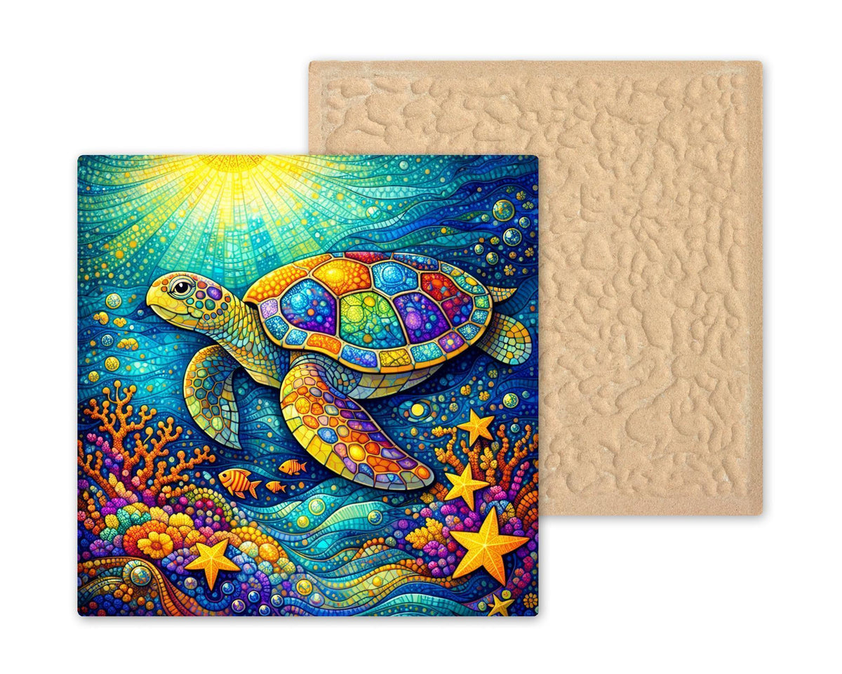 Sea Turtle Stained Glass Style Ceramic Art Tile – Coastal Ocean Wall Decor, Nautical Beach House Gift