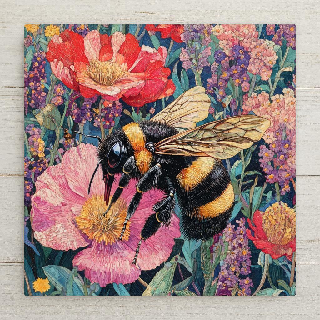Bee and wildflower ceramic tile with vintage floral style. Great for kitchen or garden room. Use as wall art, coaster, or trivet. Optional hanger, stand, or cork backing available.