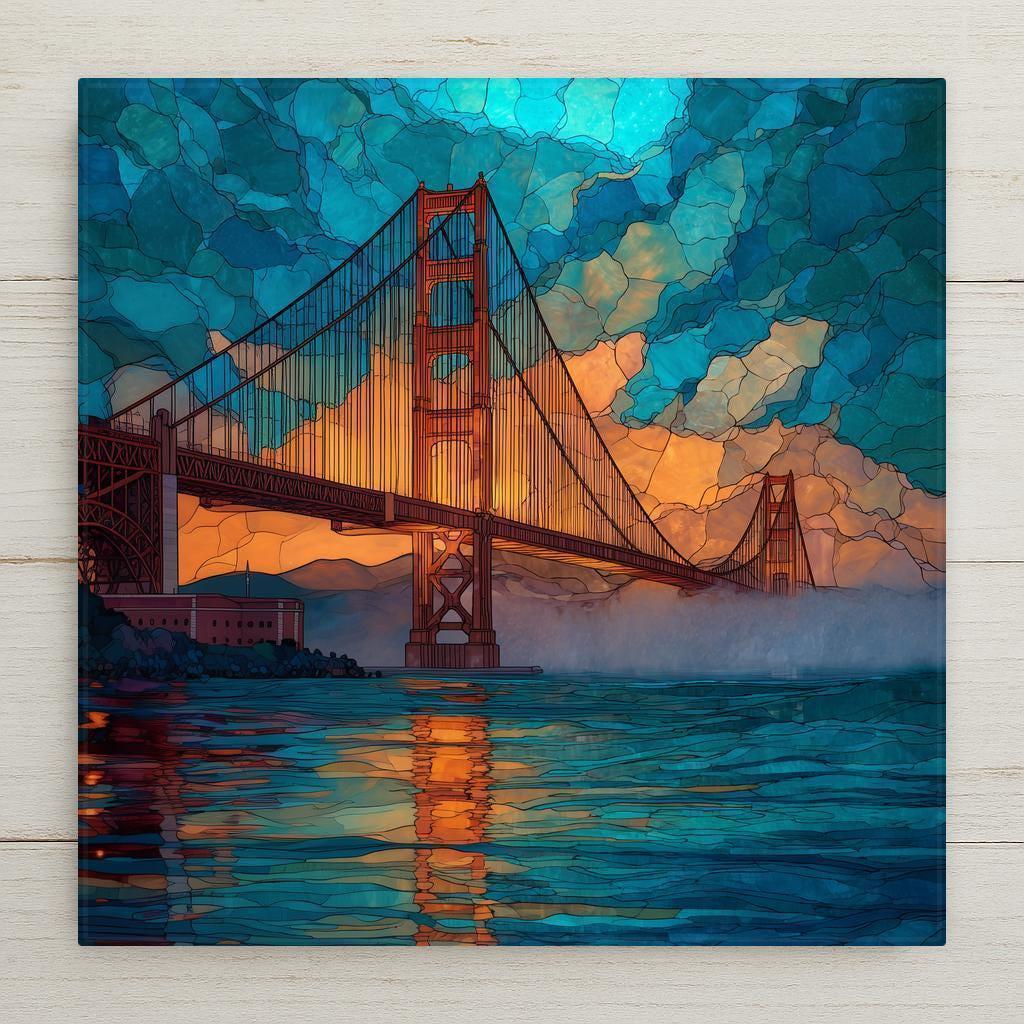 Golden Gate Bridge ceramic tile wall art in a glowing stained glass style. Brilliant sunset sky and water reflections bring San Francisco’s iconic landmark to life. A perfect gift or keepsake for coastal décor and cityscape lovers. Optional tile wall hanger, easel stand, cork backing, or premium frame available for versatile display.