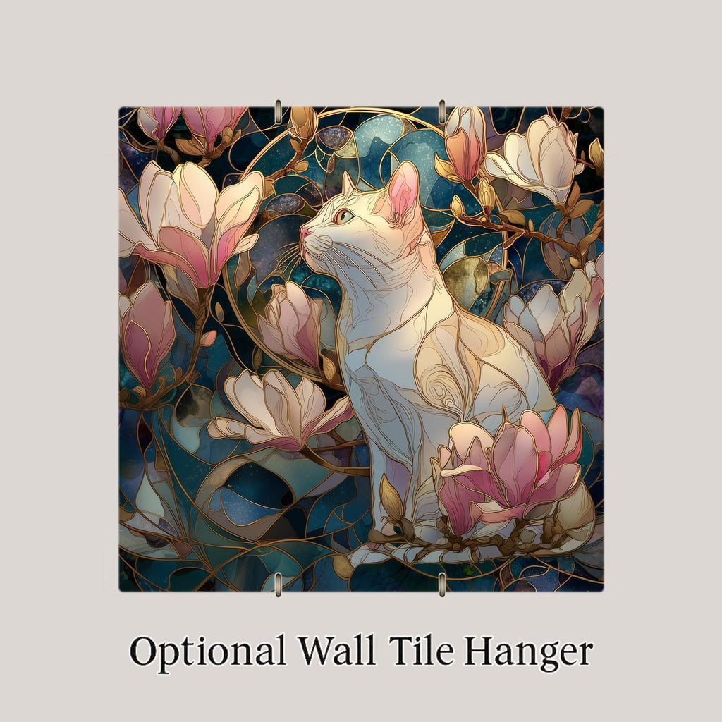 Magnolia Blossom Cat Wall Art Ceramic Tile Spring Floral Decor Cat Gift Mothers Day Gift