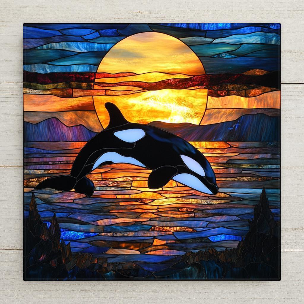 May include: A stained glass image of an orca jumping out of the water with a sunset behind it. The orca is black and white and the sunset is a mix of orange, yellow, and red. The water is blue and the sky is a dark blue with clouds.