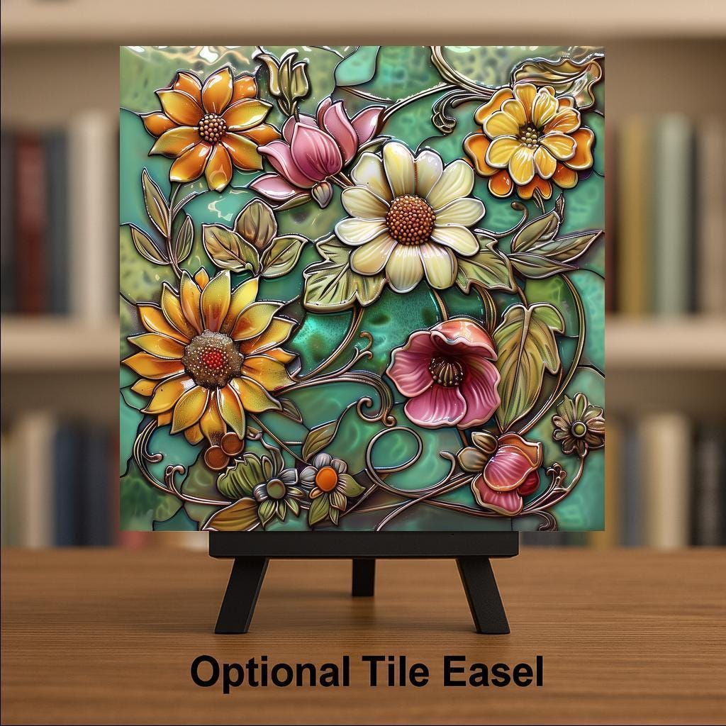 Botanical Garden Stained Glass Style Ceramic Art Tile: Nature Wall Decor Floral Home Decor Art Lover Gift Wall Art Wildflower Garden Bota