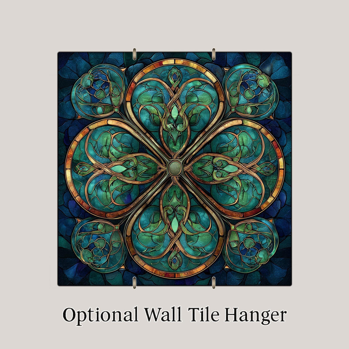 Celtic Knot Wall Art Ceramic Tile – Stained Glass Style Irish Clover Decor – Green Spiritual Wall Decor