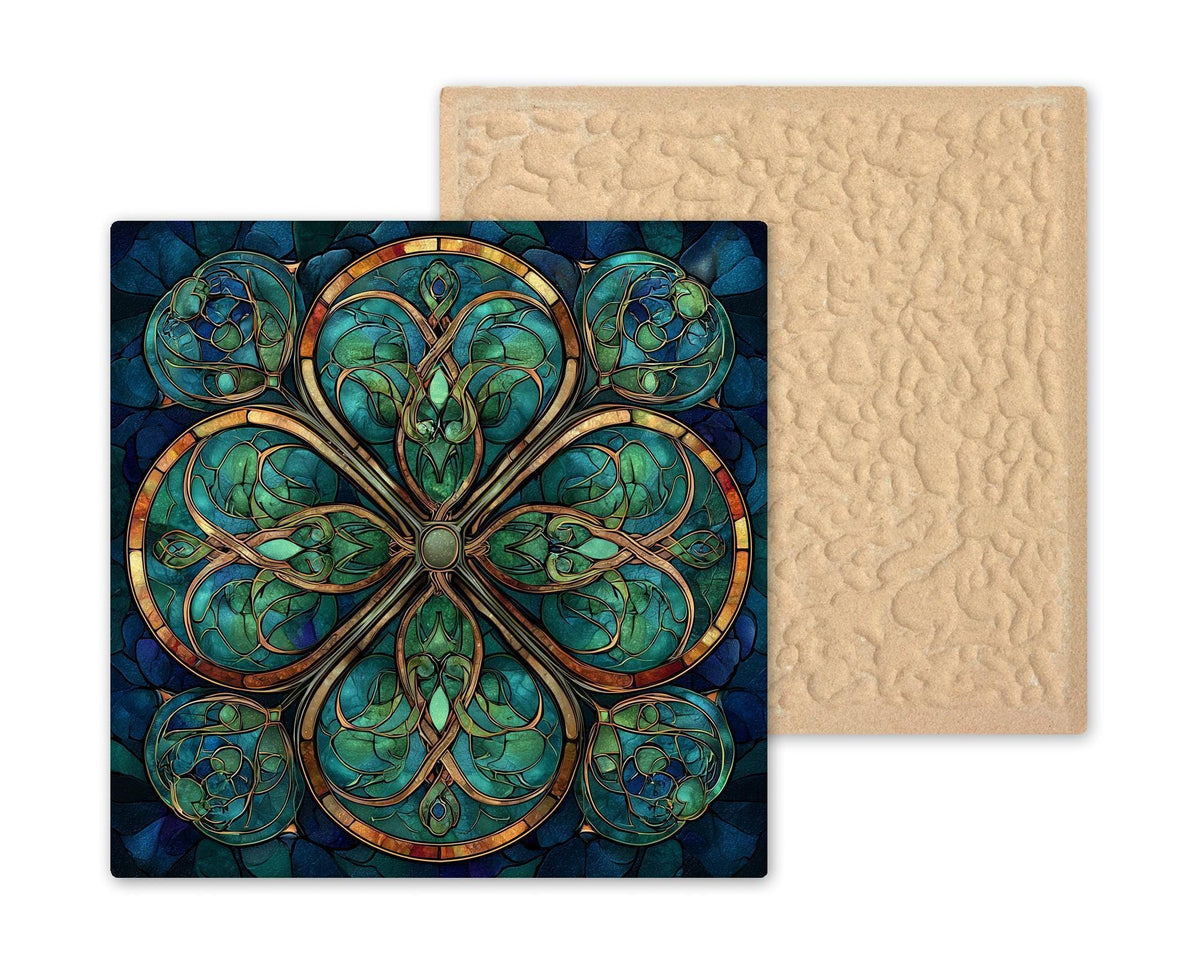 Celtic Knot Wall Art Ceramic Tile – Stained Glass Style Irish Clover Decor – Green Spiritual Wall Decor