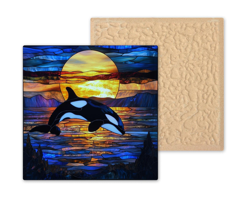 Celebrate the grace of ocean life with this Killer Whale Orca Ceramic Tile Art. Featuring a dynamic orca in mid-leap with waves and a glowing sunset behind it, the piece mimics the elegant style of stained glass. The layered design and rich palette create a luminous effect that pops whether hung on a wall or displayed on a tabletop. Perfect for fans of marine wildlife, this orca tile brings the energy of the sea . It works beautifully as a functional trivet or as a statement wall piece.