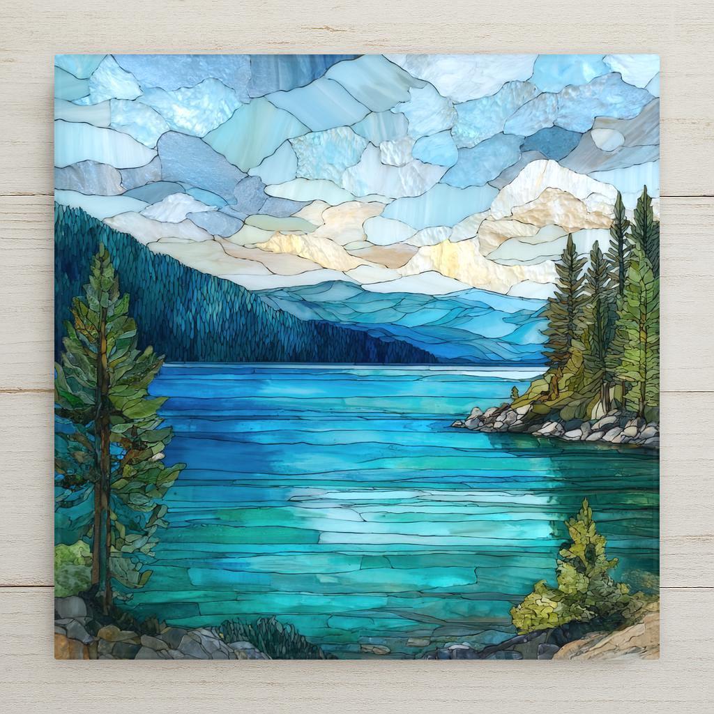 Mosaic-style ceramic tile artwork inspired by Lake Tahoe, featuring clear blue alpine lake water, pine trees, and mountain scenery in a calming nature landscape.