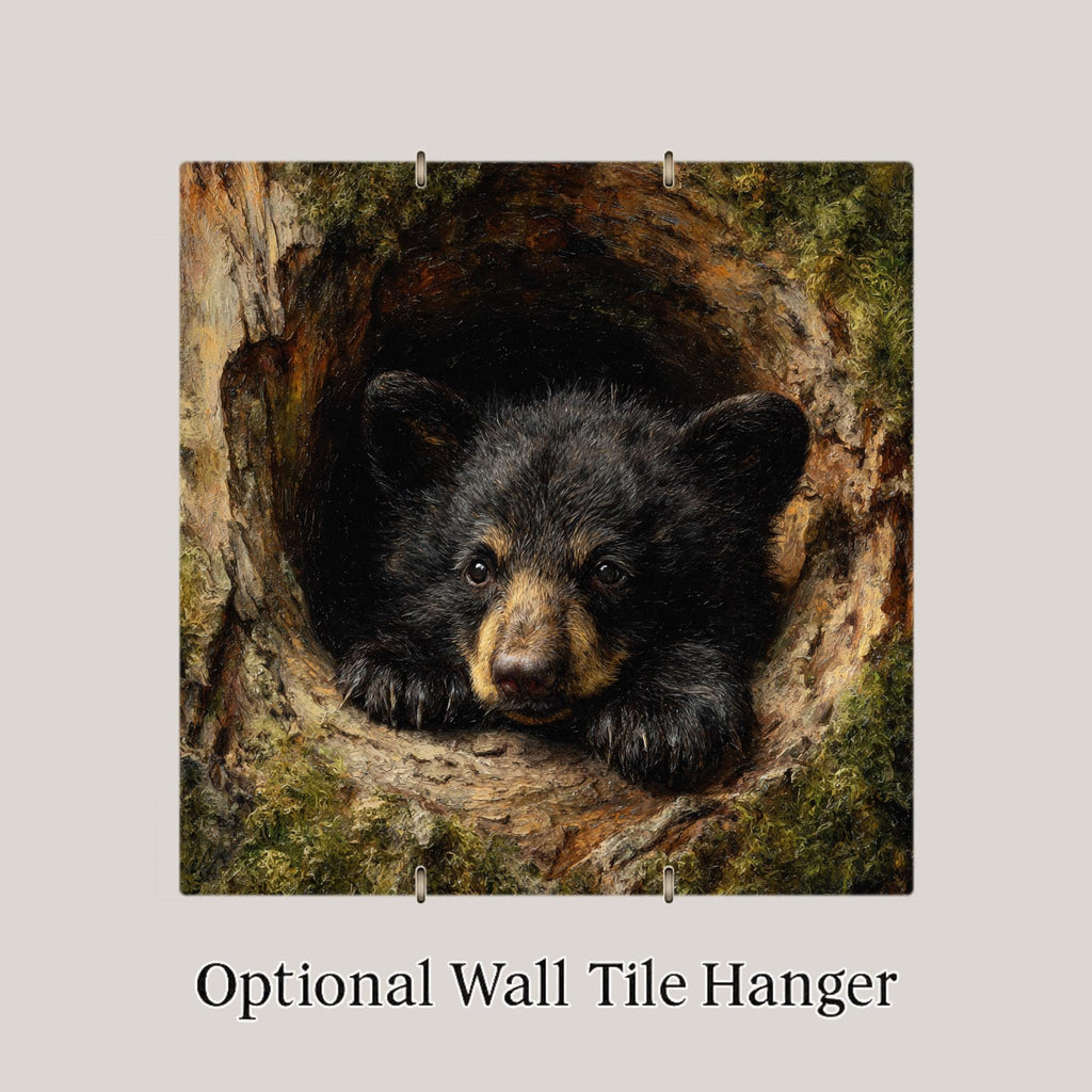 Black Bear Cub Ceramic Tile Wall Art - Woodland Wildlife Nature Rustic Cabin Home Decor Display Decorative Tile