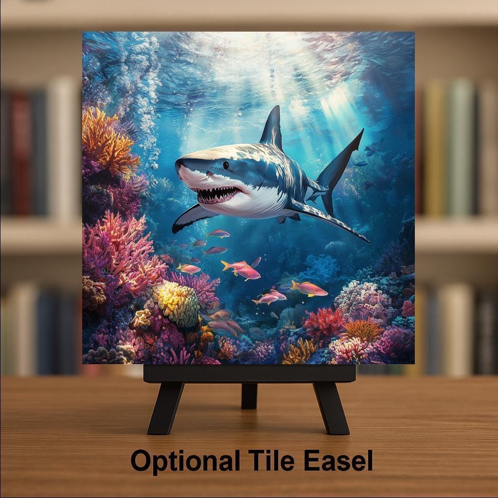 Great White Shark Wall Art Ceramic Tile Ocean Gift Stained Glass Style Decor Marine Art Shark Lover Nature Gift Tile