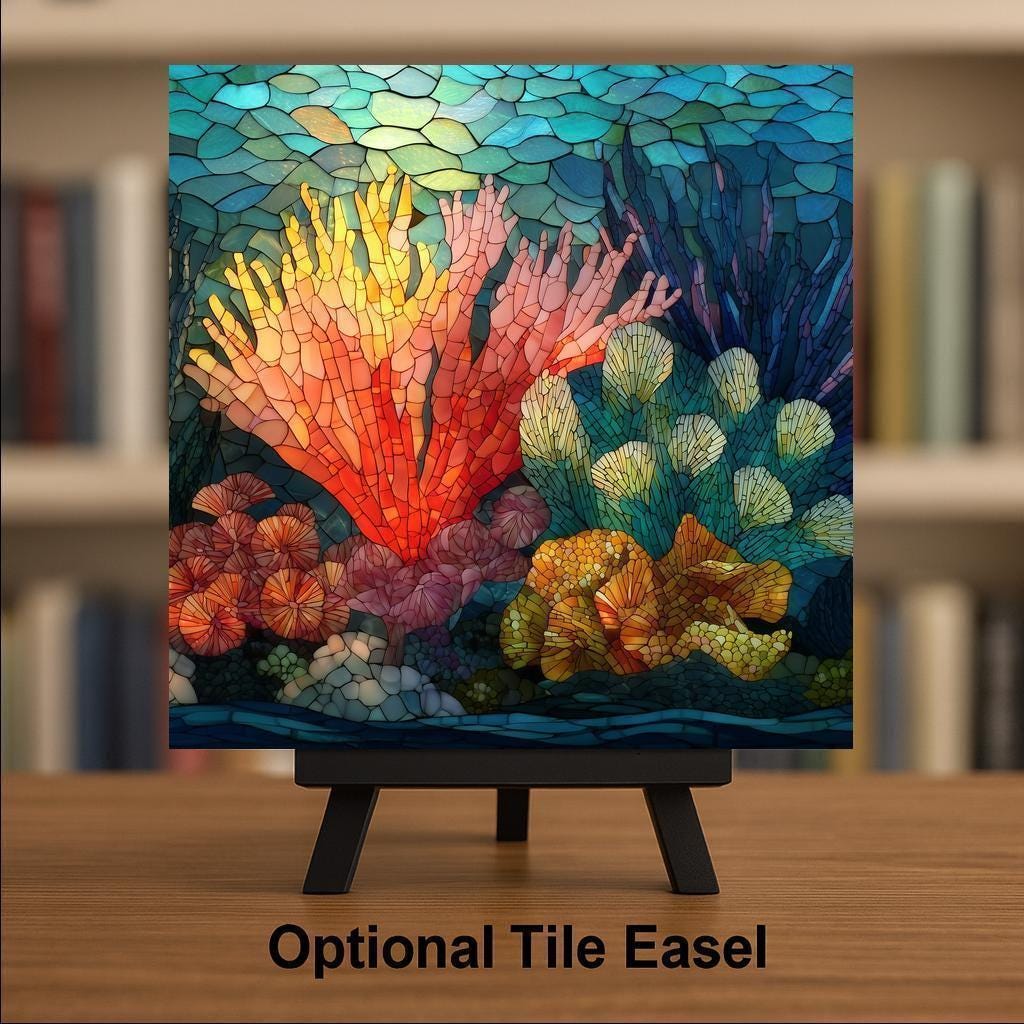 Coral Reef Wall Art Ceramic Tile Ocean Gift Stained Glass Decor Marine Nature Art Reef Lover Coastal Gift Tile