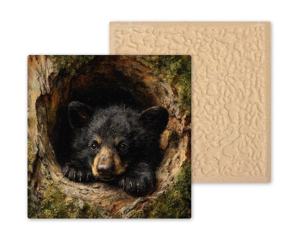 Black Bear Cub Ceramic Tile Wall Art - Woodland Wildlife Nature Rustic Cabin Home Decor Display Decorative Tile