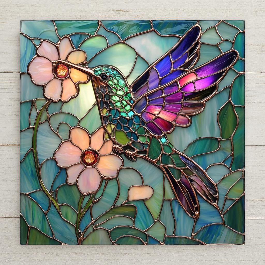 Vibrant hummingbird art tile in stained glass style with flowers and lush leaves. A colorful ceramic nature tile for garden or bird lovers.