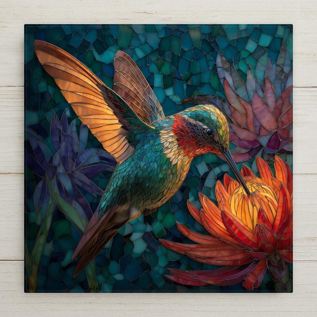 Vibrant hummingbird tile art in stained glass style, glowing with teal, gold, and coral tones. Perfect for wall art, home decor, or tabletop display. Permanent print on ceramic with lasting color. Optional tile wall hanger, easel stand, cork backing, and premium frame available.