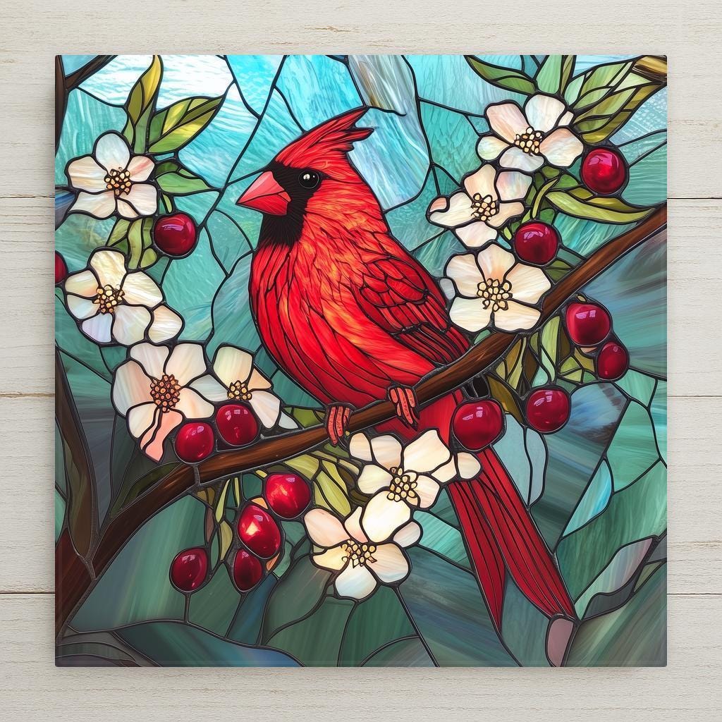 This stained glass cardinal ceramic tile wall art is a beautiful cardinal memorial gift, remembrance gift, or bird lover gift. A perfect garden tile cardinal and decorative tile that symbolizes the loss of a loved one. Ideal as a Christmas gift for her or birthday gift for wife.