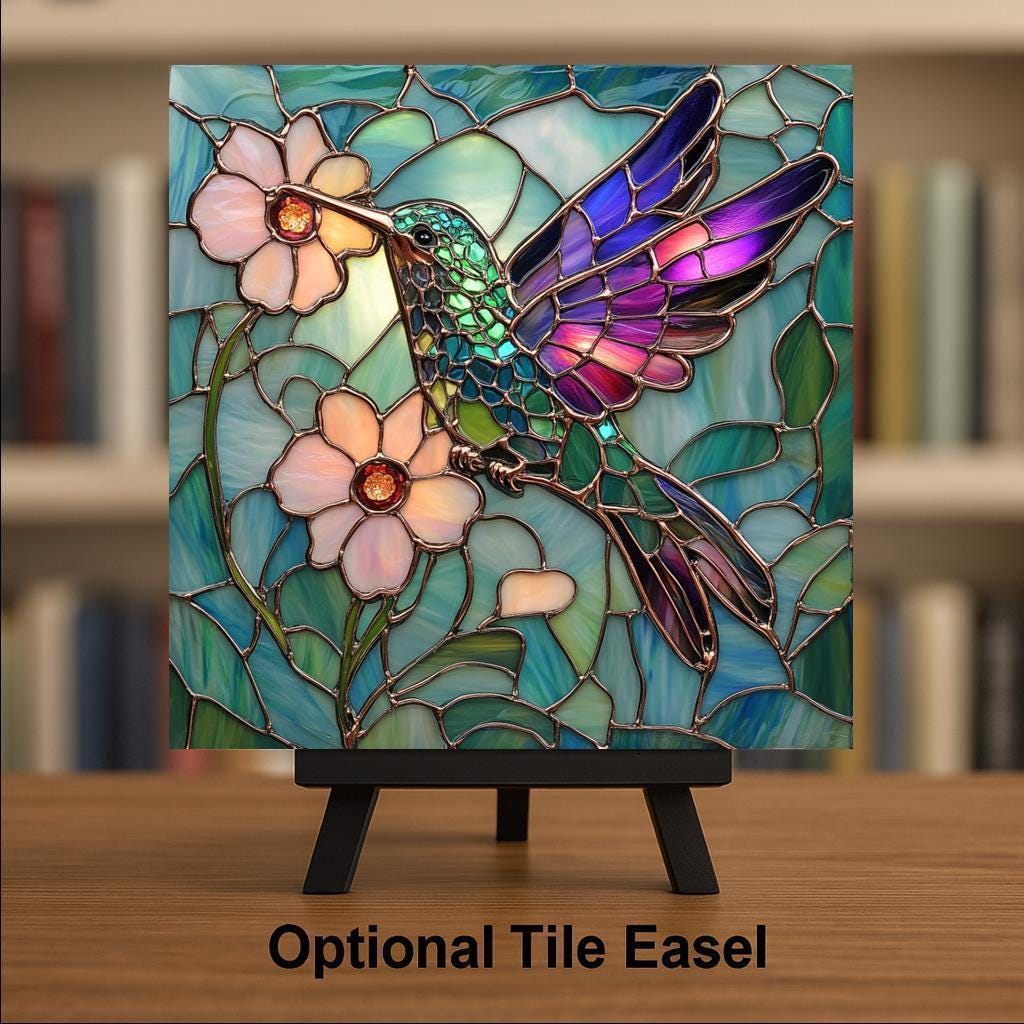 Hummingbird Wall Art Ceramic Tile Stained Glass Style Floral Gift Bird Lover Nature Art Memorial Bird Decor Gift