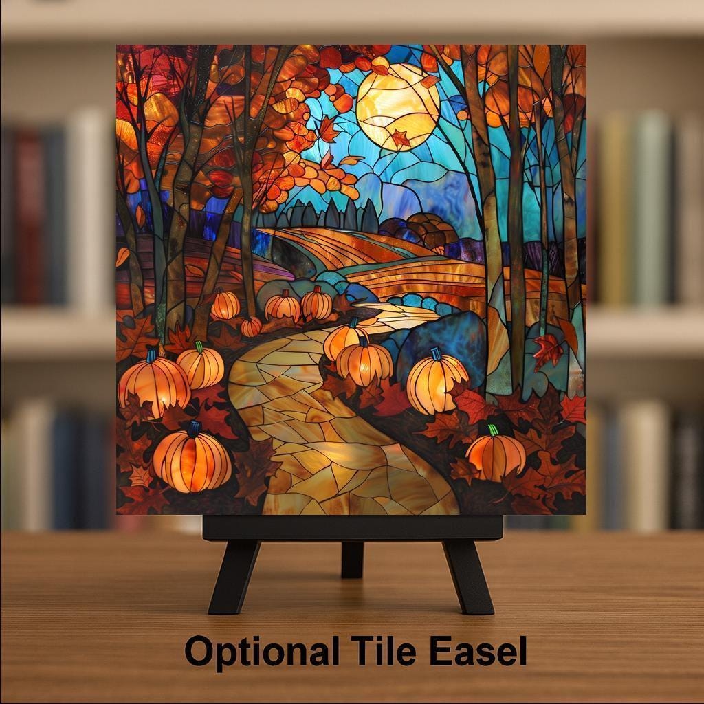 Harvest Moon Stained Glass Style Ceramic Art Tile: Night Sky Wall Decor Mystical Home Decor Celestial Wall Art Autumn Harvest Moon Phase Art