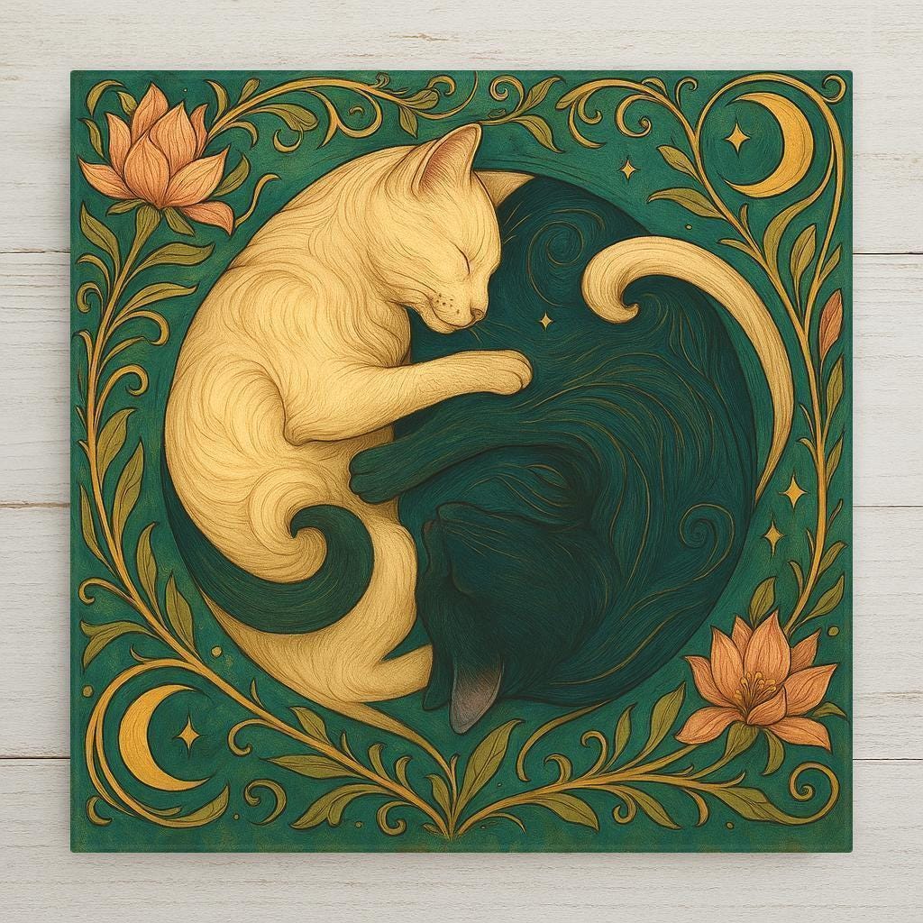 Enhance your space with this unique Yin Yang Cats ceramic tile wall art, inspired by Art Nouveau design. Perfect for adding a touch of charm to your home decor, this versatile piece can be used as wall art, a trivet, or a coaster. Bring a sense of balance and harmony to any room with this beautiful and functional decor item.