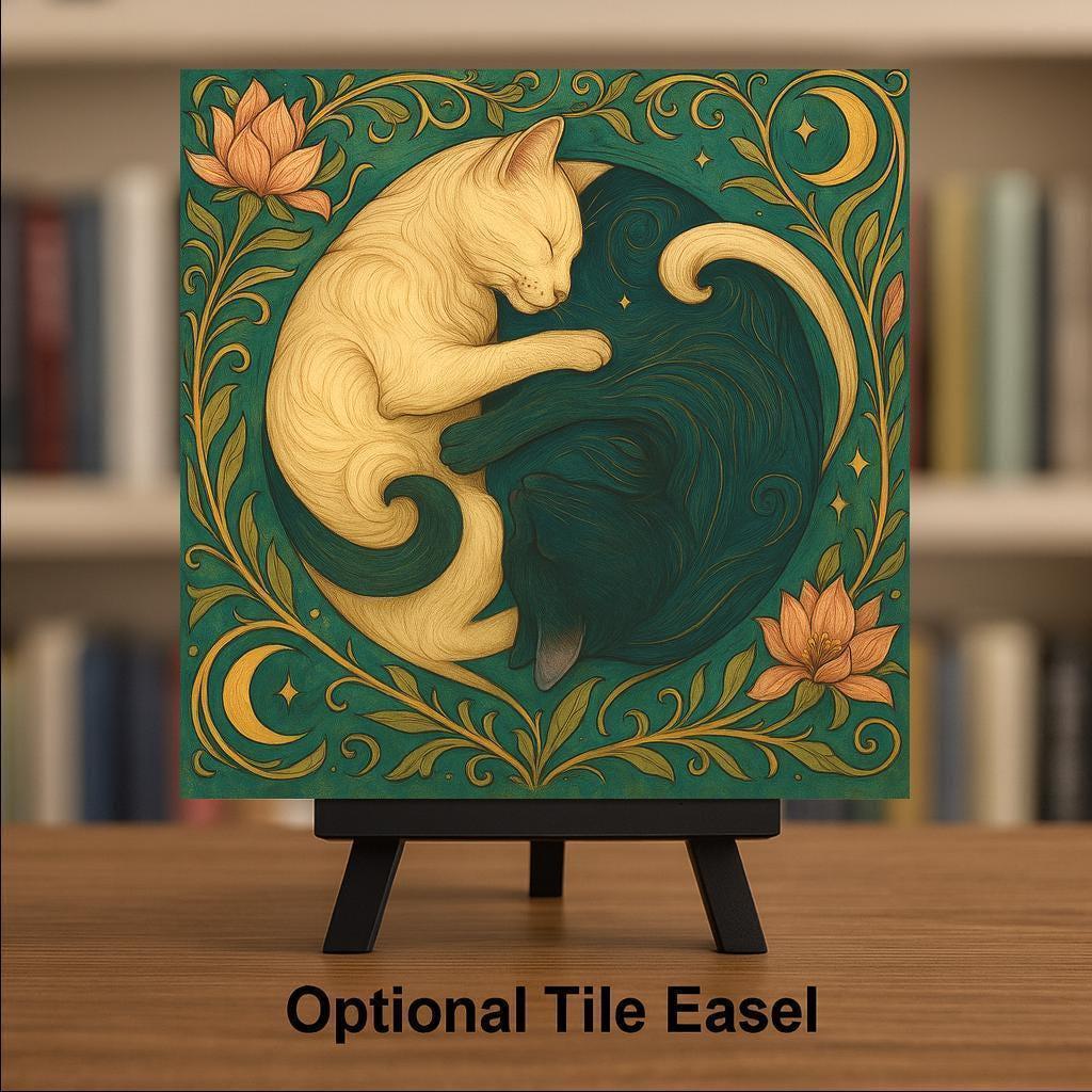 Cat Wall Art Ceramic Tile Art Nouveau Gift William Morris Yin Yang Spiritual Decor Cat Lover Zen Nature Art