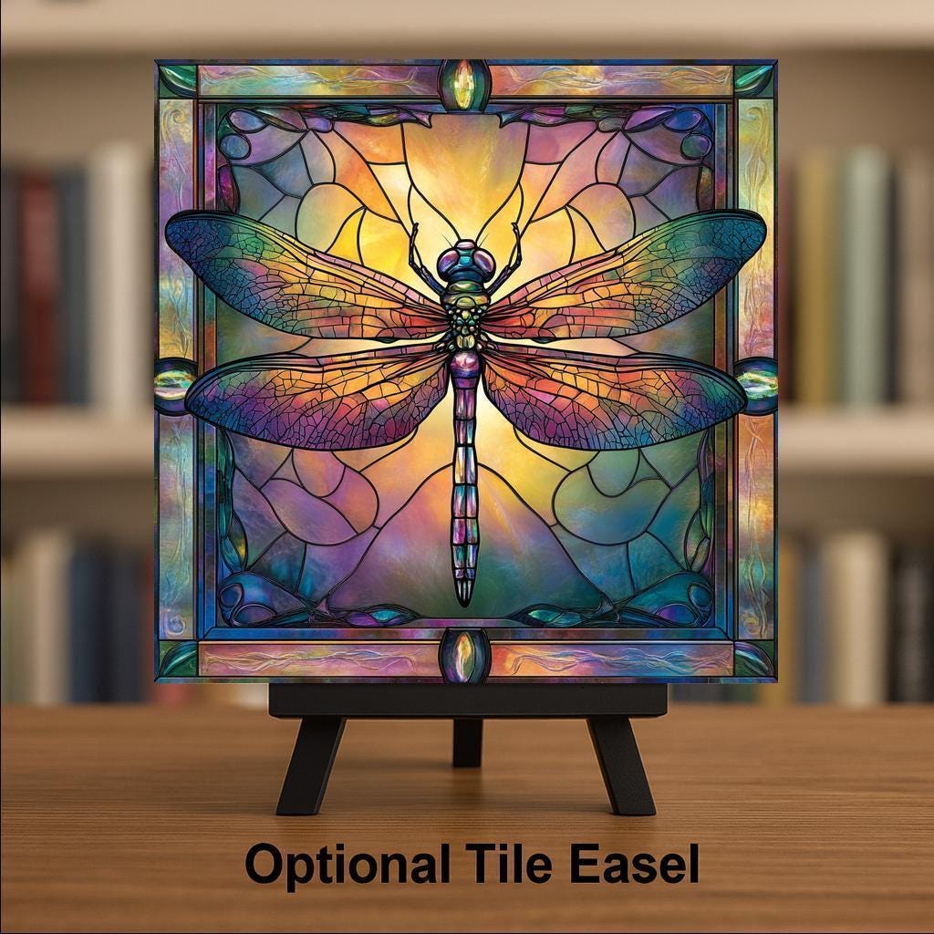 Dragonfly Stained Glass Style Ceramic Art Tile: Whimsical Wall Decor Cottagecore Gift Fantasy Home Decor Wall Art