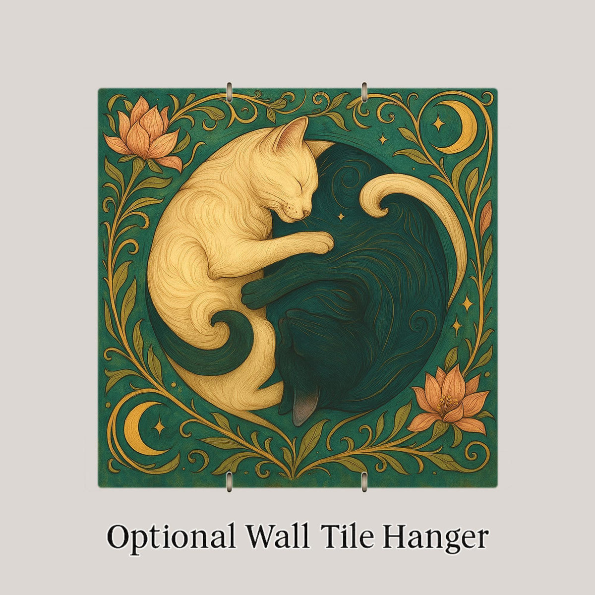 Cat Wall Art Ceramic Tile Art Nouveau Gift William Morris Yin Yang Spiritual Decor Cat Lover Zen Nature Art