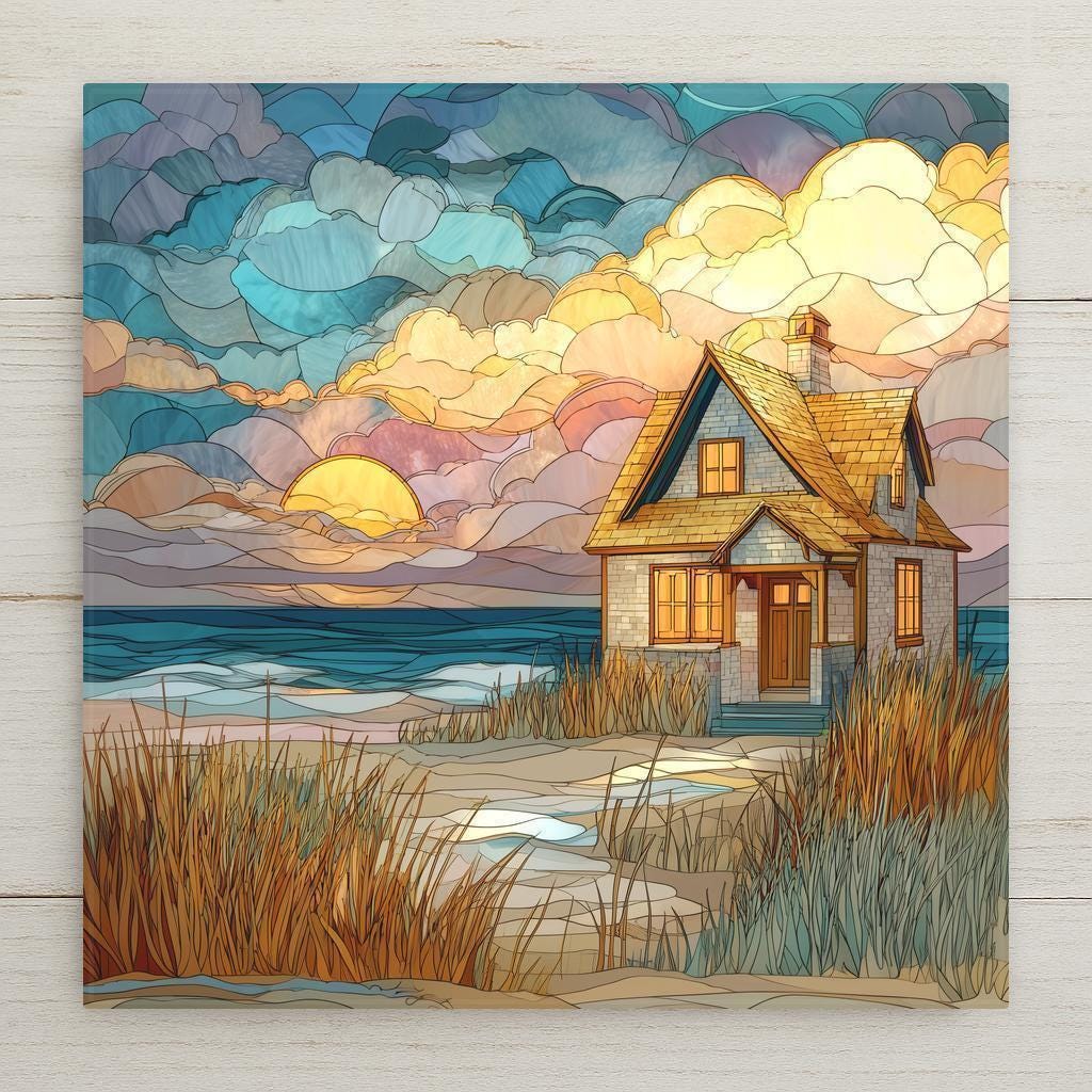 Stained glass style coastal cottage decorative tile showing a small beach house near the ocean at sunset, surrounded by tall grasses and soft rolling clouds. Printed on glossy porcelain, this seaside art tile features layered mosaic textures in blues, golds, and earth tones, creating a calm ocean-inspired wall decor piece suited for beach houses, cottages, or coastal home interiors.